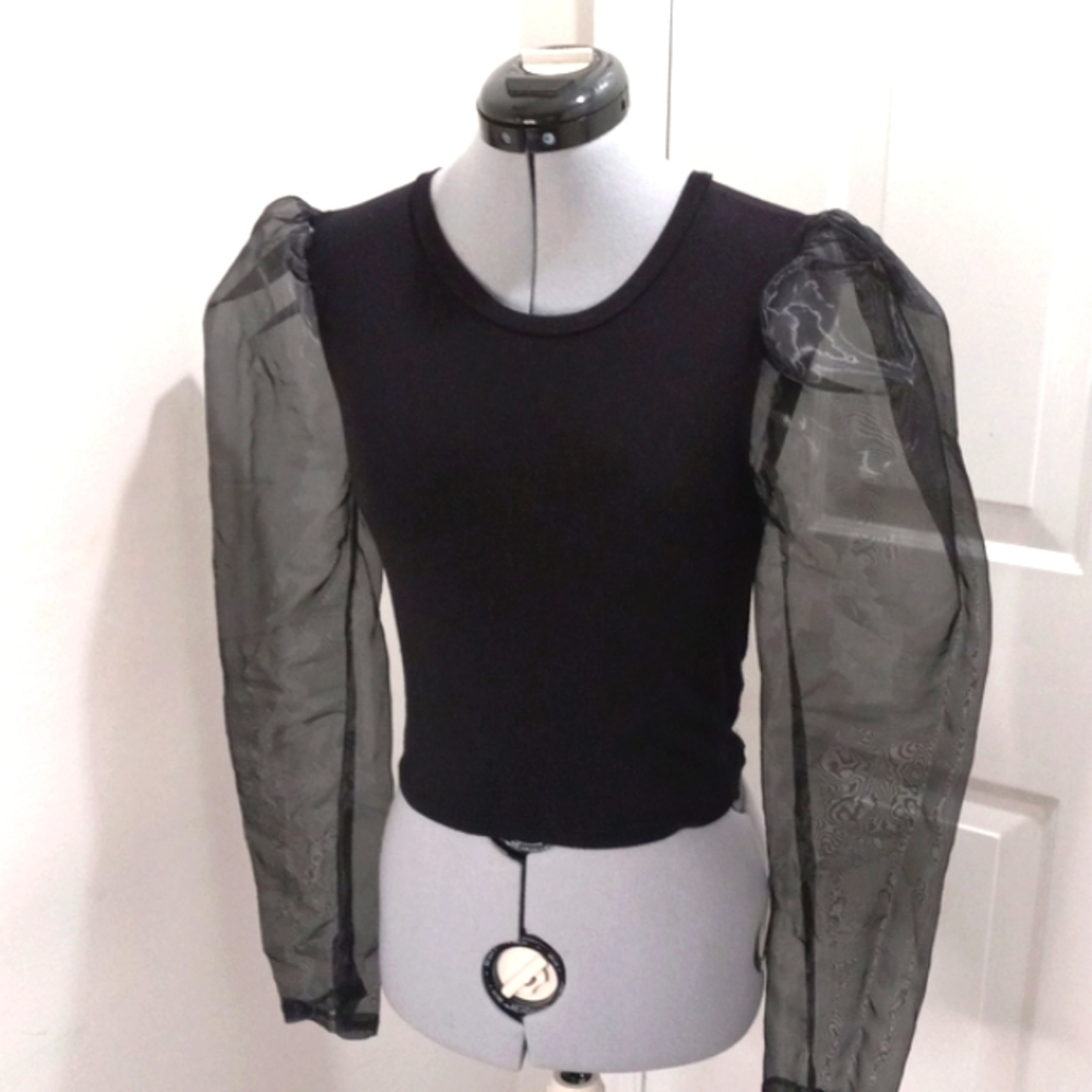 Amante Black Stretch Cropped Top with Sheer Puffed Sleeves Size Small